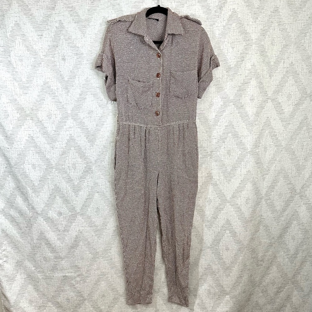 Vintage brown and white tweed jumpsuit with shoulder pads
